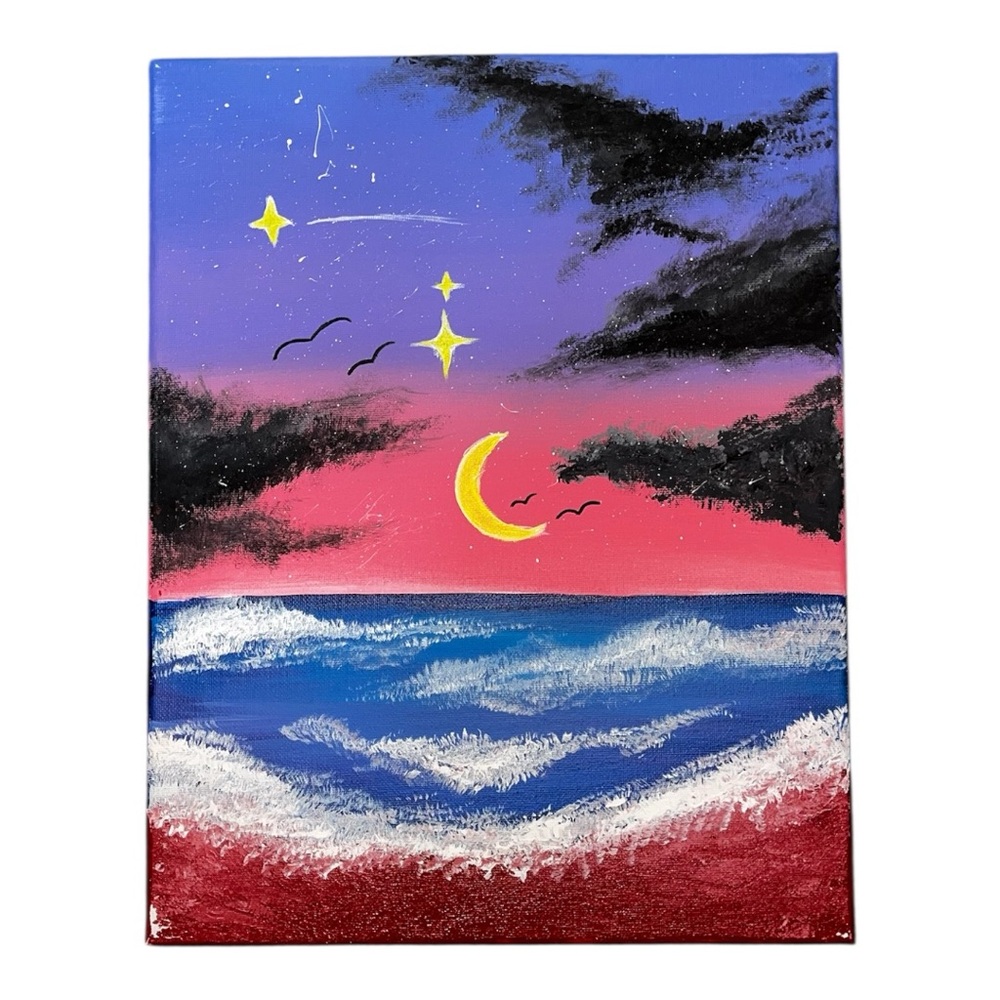 Handpainted Starry Beach Sunset 10x12 Inch Canvas
